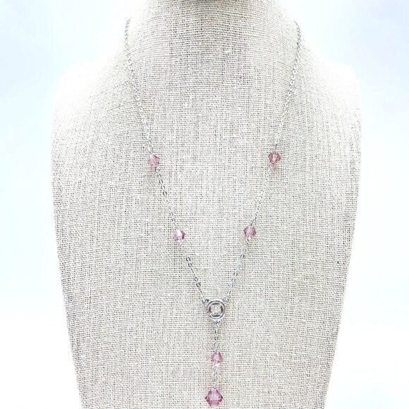 GIVENCHY Pink Bead Station Necklace Silver Tone Y Drop Dainty Victorian Style - Picture 1 of 7